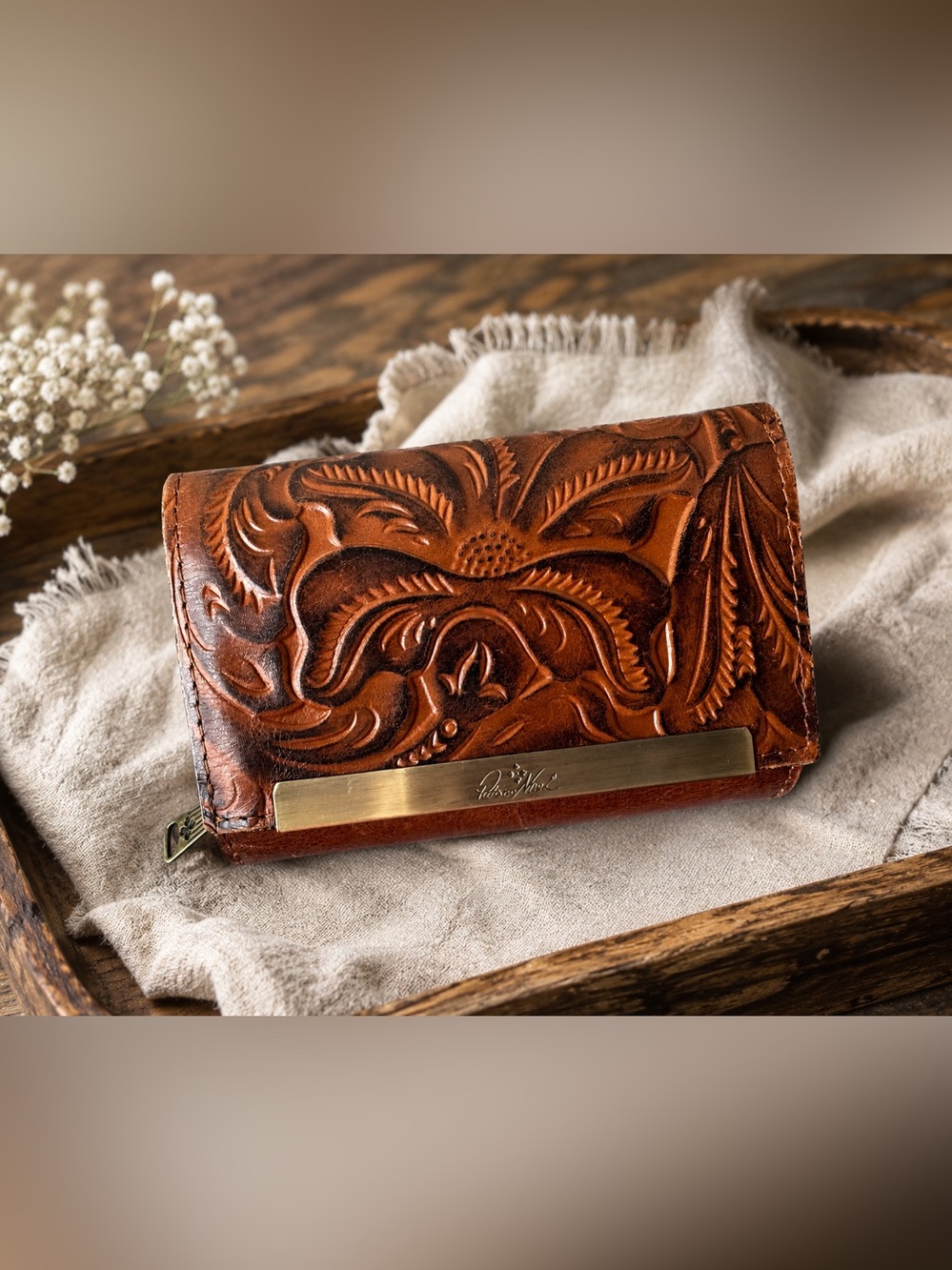 Patricia Nash Florence Leather Tooled Floral Accordion Snap Wallet Brown